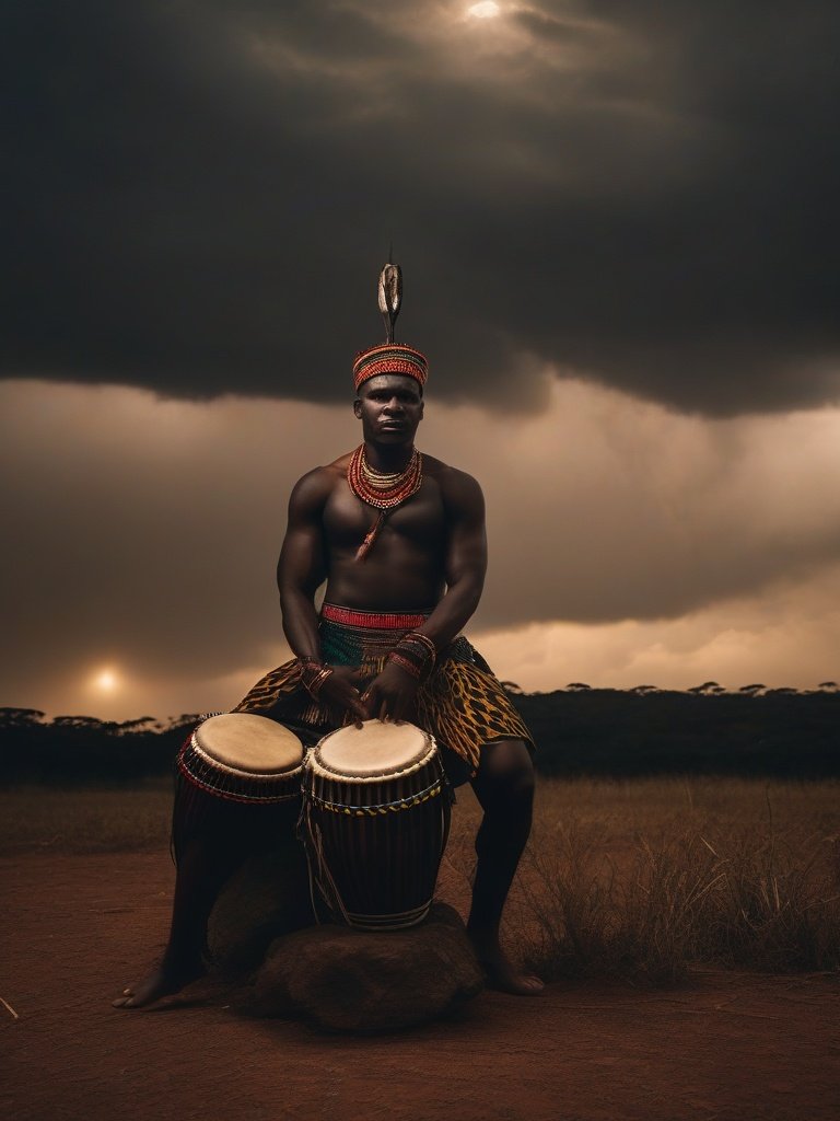 [African Exorcism (Zulu): Drumming and dance to appease ancestral spirits.]